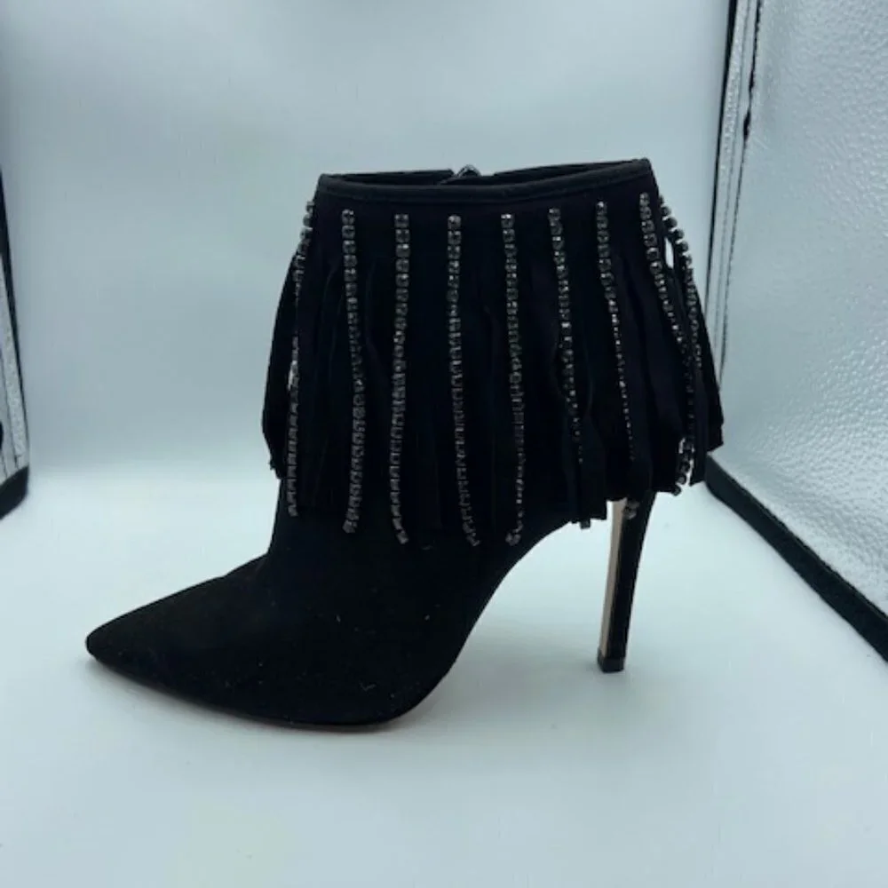 Jessica Simpson Black Suede PRISTA Heeled Booties With Fringe Stones Siz…